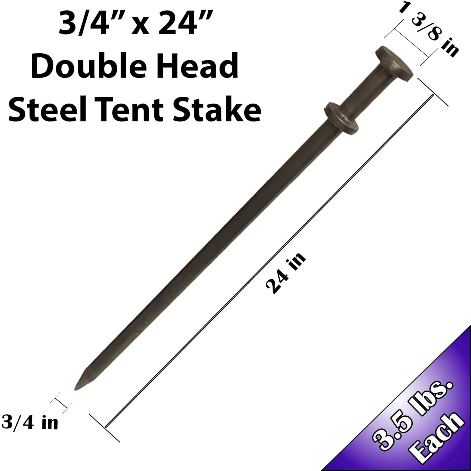 Double Head Tent Stakes - Heavy Duty Steel Tent Stakes, Versatile Ground Spikes to Anchor Commercial Inflatables, Party Tents, and Outdoor Camping Shelters, 3/4 x 24 Inch, 50-Pack