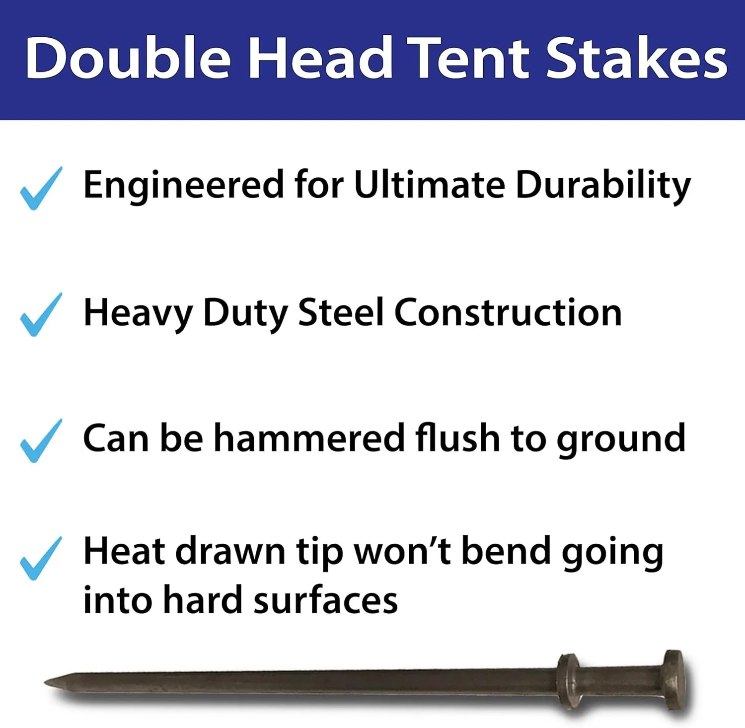 Double Head Tent Stakes - Heavy Duty Steel Tent Stakes, Versatile Ground Spikes to Anchor Commercial Inflatables, Party Tents, and Outdoor Camping Shelters, 3/4 x 24 Inch, 50-Pack