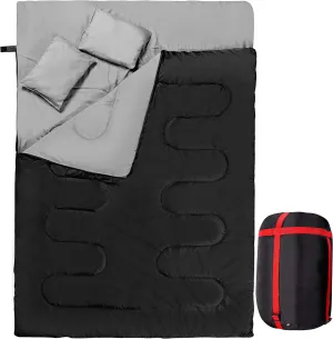 Double Sleeping Bag with 2 Pillows – Queen Size Waterproof Sleeping Bag Good for 2 Persons, Lightweight, for Camping, Cool Weather Backpacking, Hiking,
