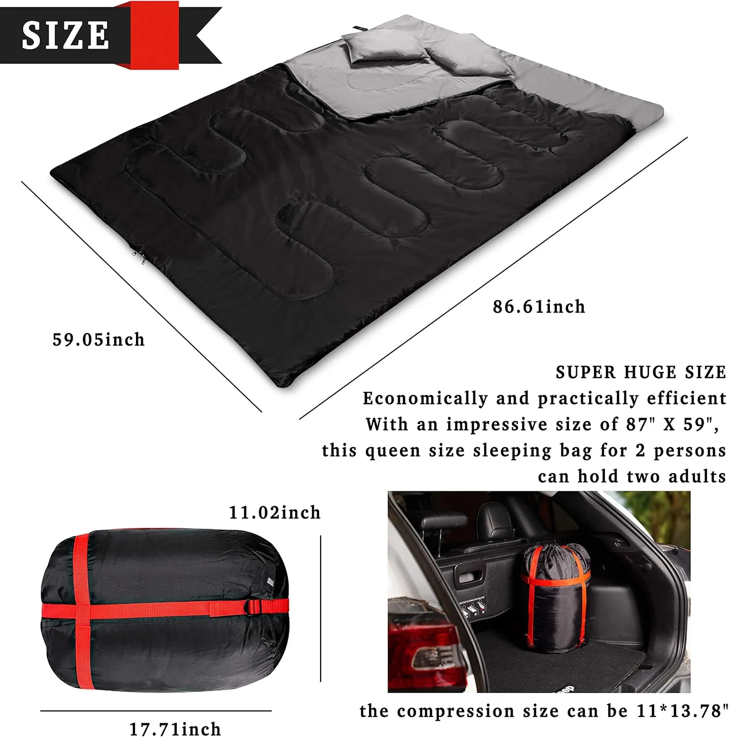 Double Sleeping Bag with 2 Pillows – Queen Size Waterproof Sleeping Bag Good for 2 Persons, Lightweight, for Camping, Cool Weather Backpacking, Hiking,