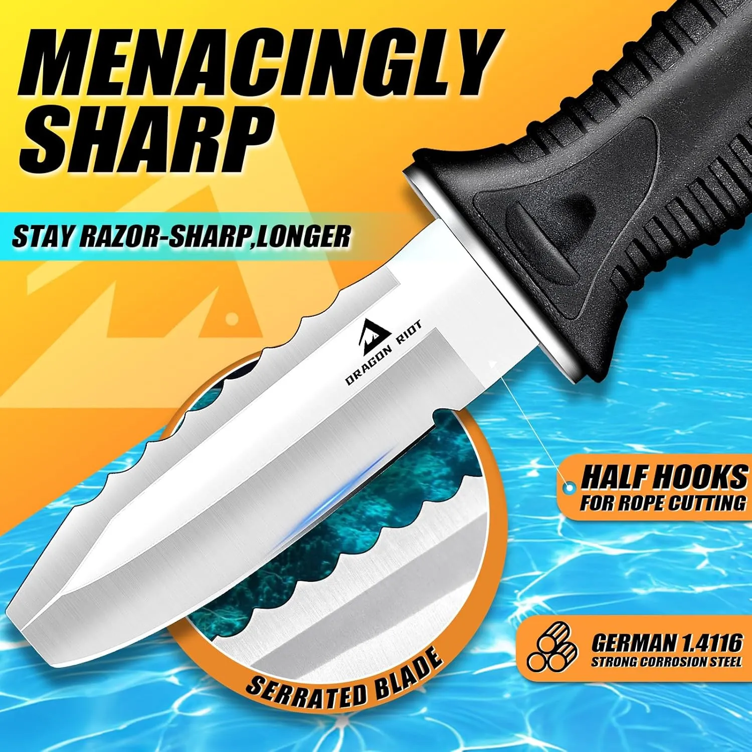 DRAGON RIOT Dive Knife with Sheath & Leg Straps Saltwater, Ultra Sharp Diving Knife with Knife Holster, Double Edged Scuba Knife for Snorkeling, Spearfishing, Diving