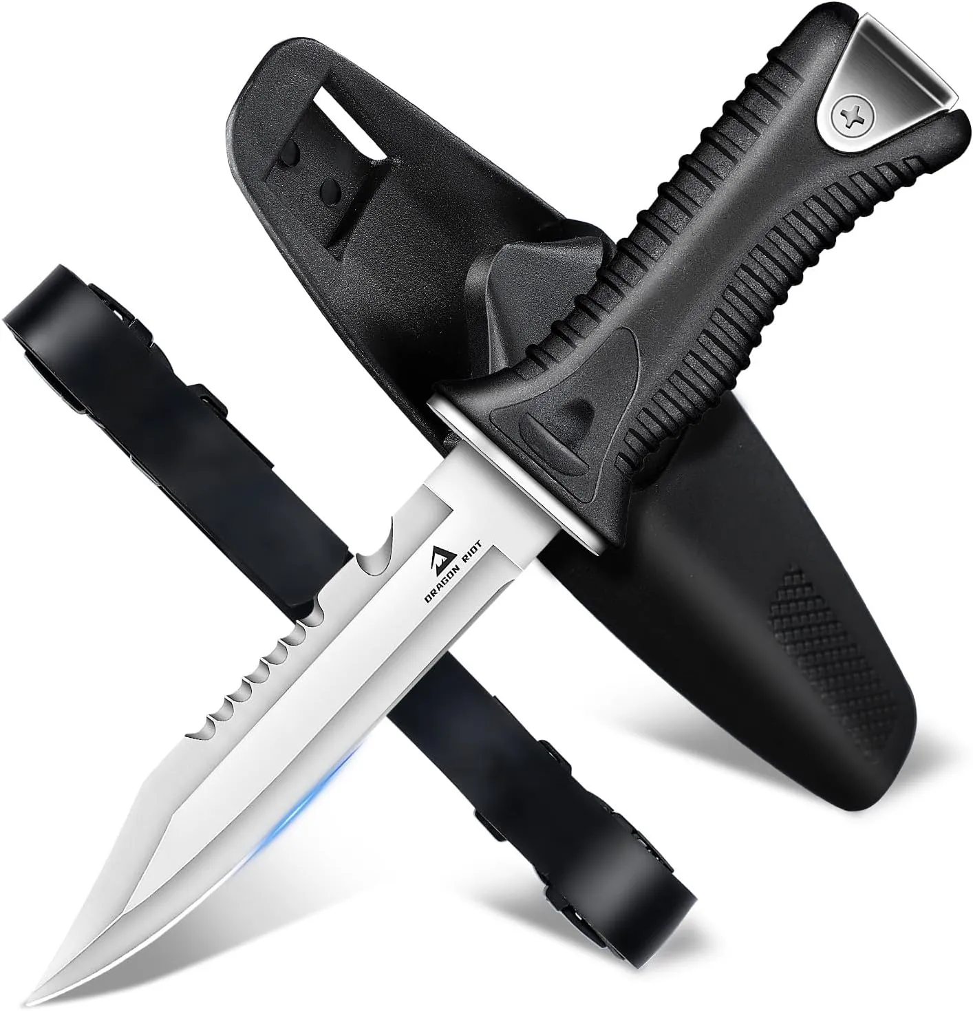 DRAGON RIOT Dive Knife with Sheath & Leg Straps Saltwater, Ultra Sharp Diving Knife with Knife Holster, Double Edged Scuba Knife for Snorkeling, Spearfishing, Diving