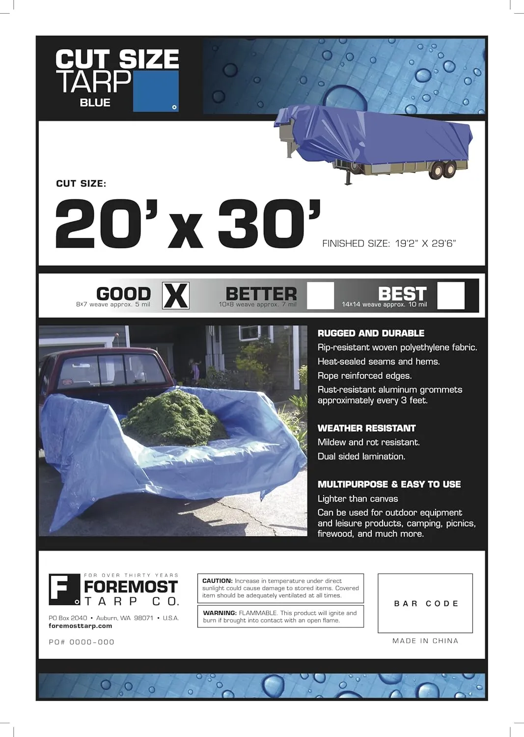 Dry Top Multi-Purpose Economy Poly Tarp, 20x30 Feet, Blue