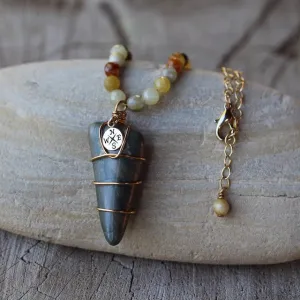 Durango Trails stone pendant with bronze compass charm and rainbow moonstone