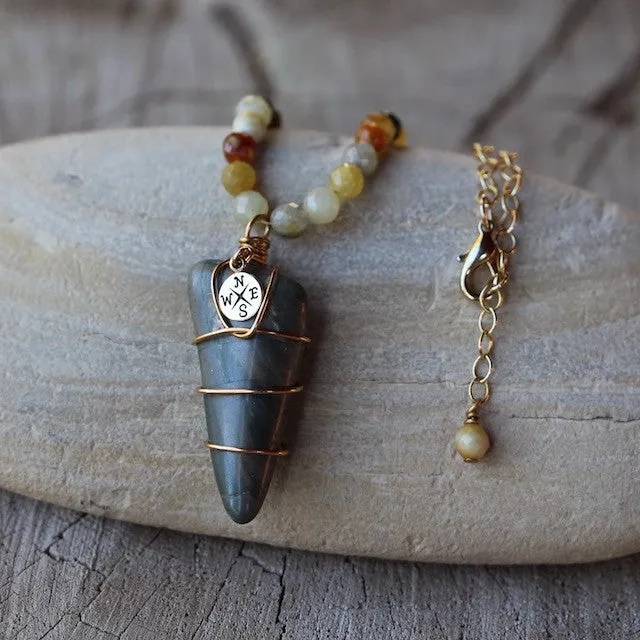 Durango Trails stone pendant with bronze compass charm and rainbow moonstone