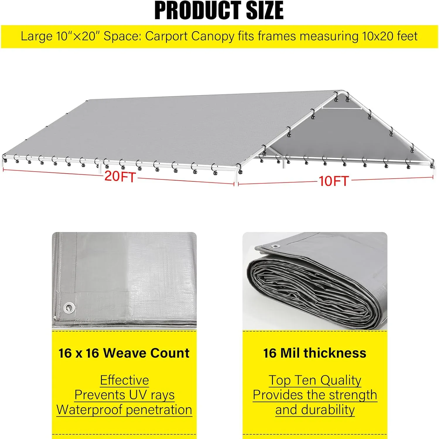 DWALE 10 x 20 Ft Carport,Replacement Canopy Cover Garage Top Tent Shelter Tarp,Grey with 48 Ball Bungee Cords Waterproof & UV Protected (Only Tarp Cover, Frame Not Include)