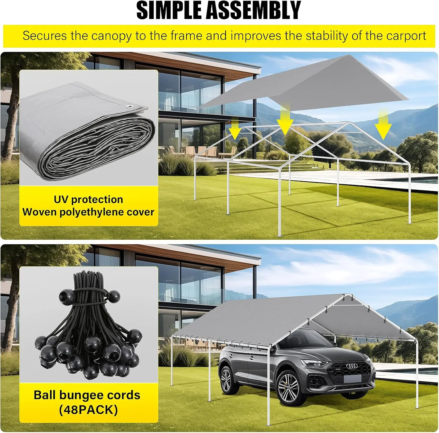 DWALE 10 x 20 Ft Carport,Replacement Canopy Cover Garage Top Tent Shelter Tarp,Grey with 48 Ball Bungee Cords Waterproof & UV Protected (Only Tarp Cover, Frame Not Include)
