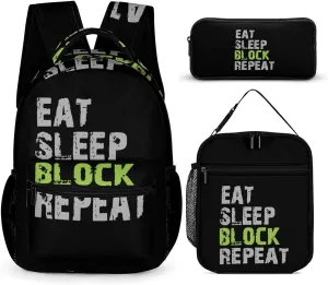 Eat Sleep Block Repeat Funny Backpack Set Lunch Bag Pencil Case Bag 3 in 1 for Men Women Travel Backpacks