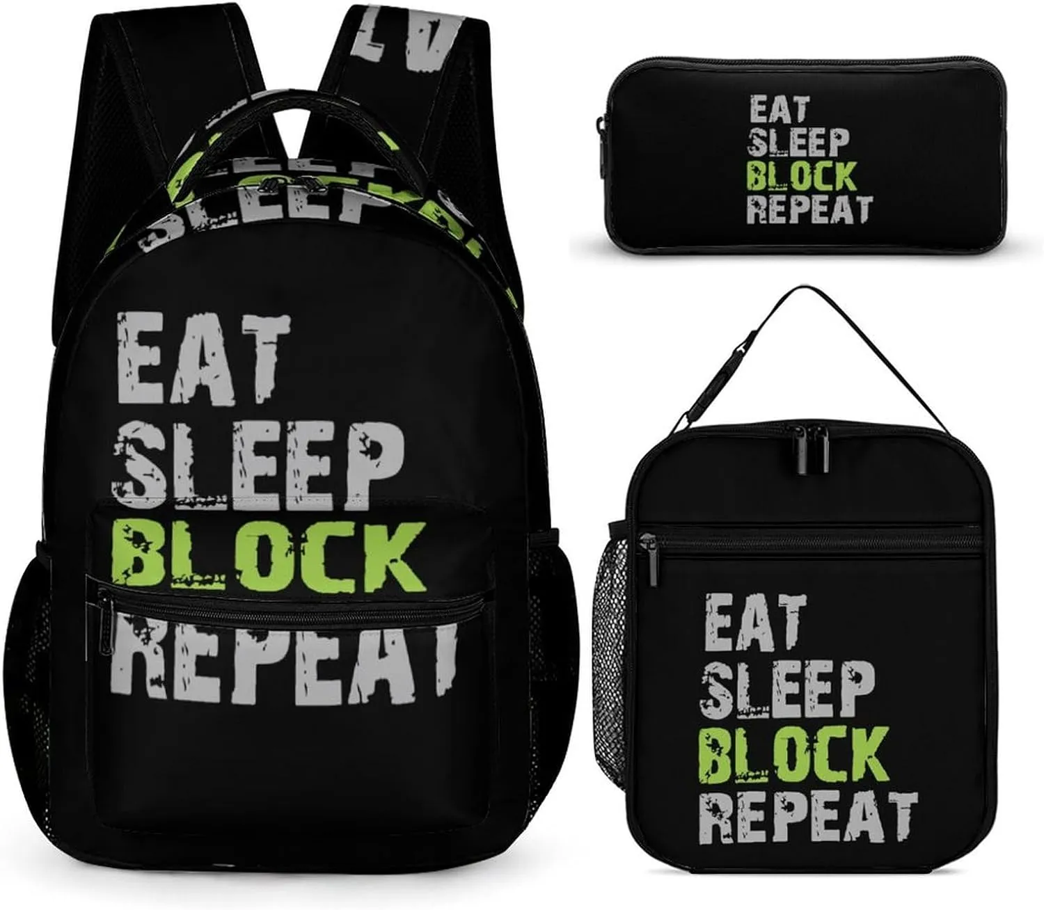 Eat Sleep Block Repeat Funny Backpack Set Lunch Bag Pencil Case Bag 3 in 1 for Men Women Travel Backpacks