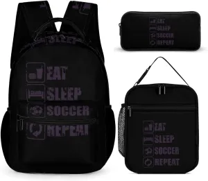 Eat Sleep Soccer Repeat Funny Backpack Set Lunch Bag Pencil Case Bag 3 in 1 for Men Women Travel Backpacks