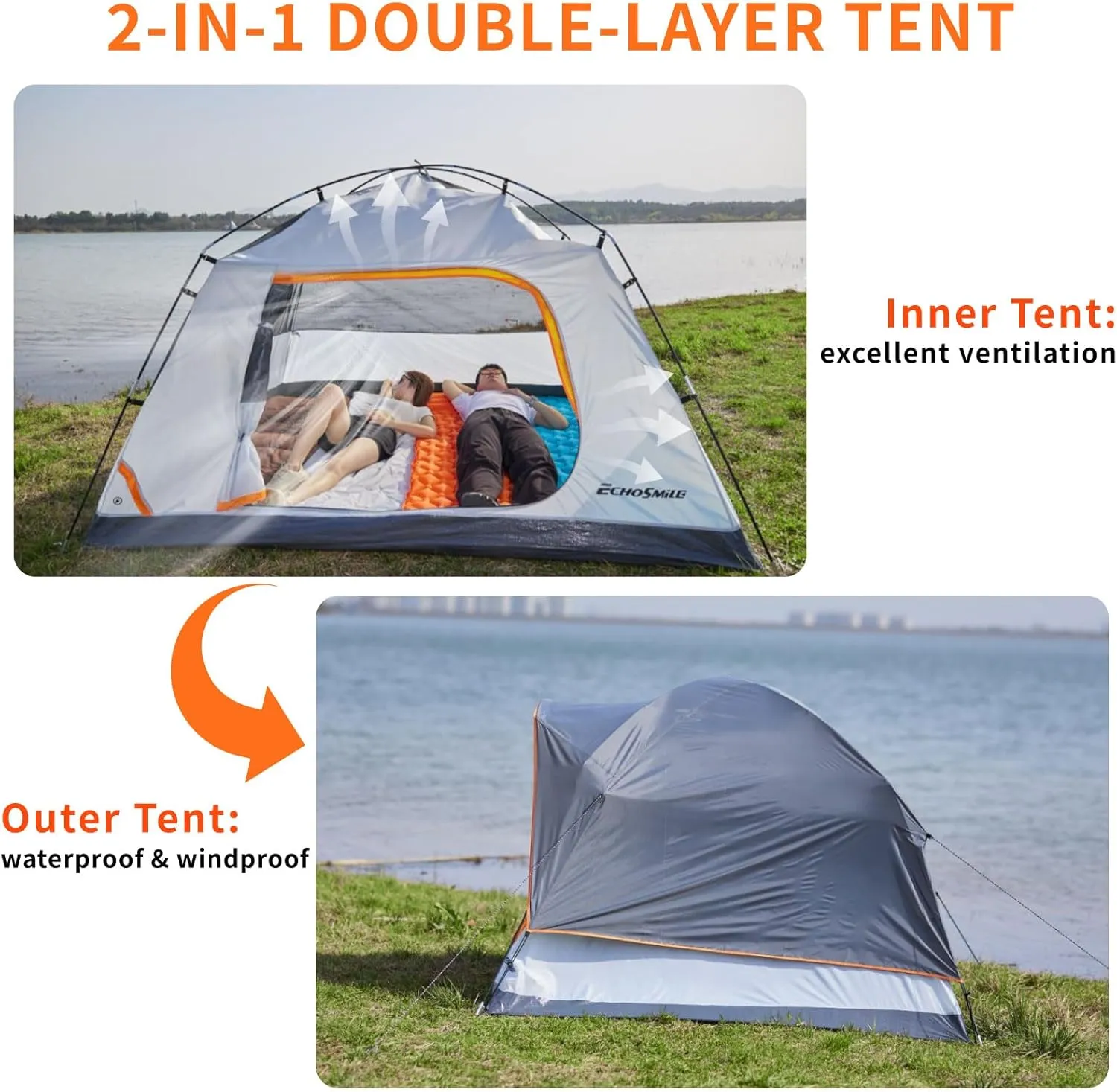EchoSmile 2/4-Person Camping Tent – Easy Setup Lightweight Shelter with Rainfly