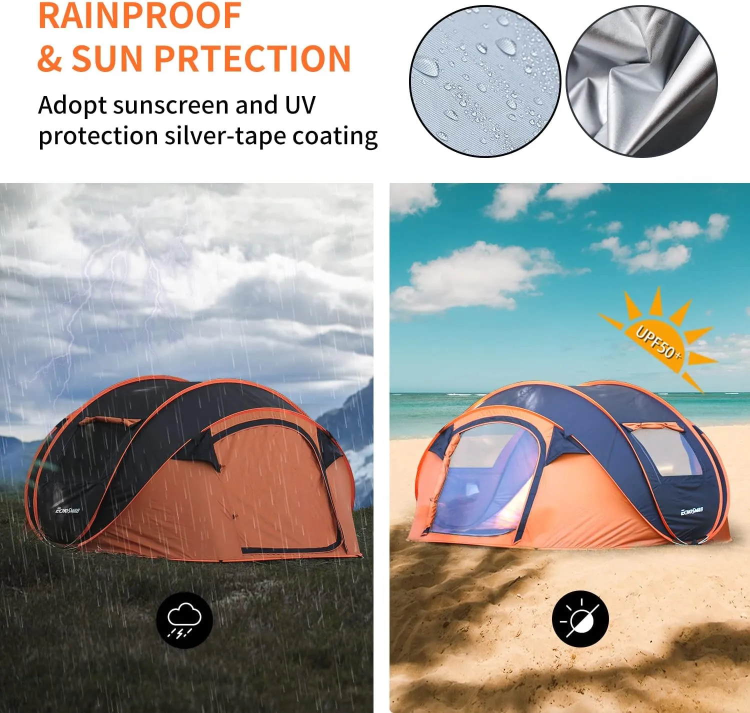 EchoSmile Camping Instant Pop Up Tent, 2/4/6/8/10 Person, Water Resistant Dome, Easy Setup for Camping Hiking and Outdoor, Portable with Carry Bag, 3 Season