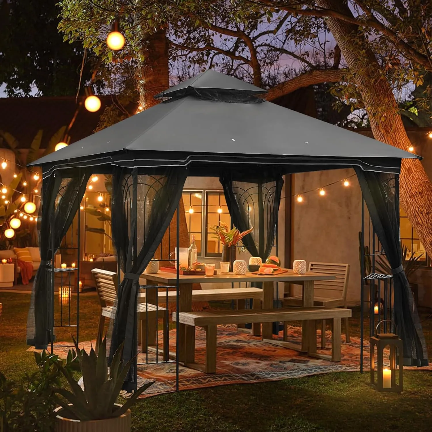 ECOTOUGE Outdoor Gazebo 10x10 for Patios, Double Waterproof Soft-top Canopy, Garden Tent with Netting for Party, Backyard, Grey