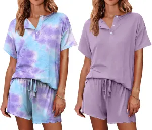 Ekouaer 2 Pack Womens Pajama Sets Short Sleeve Top with Shorts Soft Comfy Loungewear Sleepwear S-XXL