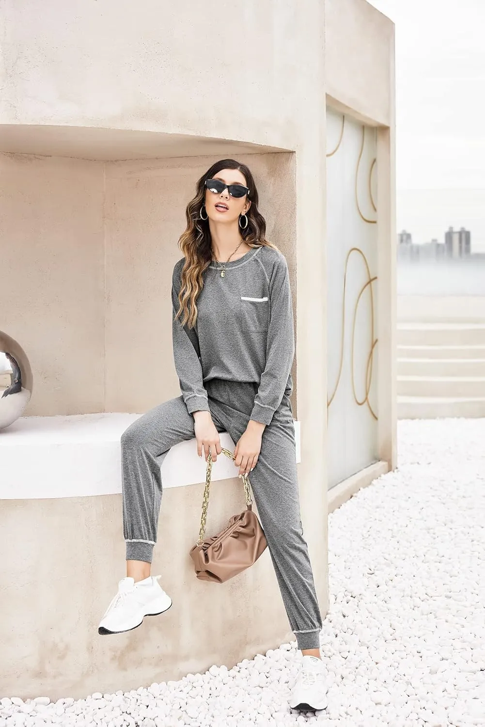 Ekouaer Pajamas Set for Women Soft Comfy Pjs Sets Long Sleeve Sleepwear Loungewear S-XXL