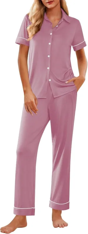 Ekouaer Women 2 Piece Pajamas Set Button Down Short Sleeve Pjs Set Soft Lounge Set with Long Pants S-XXL