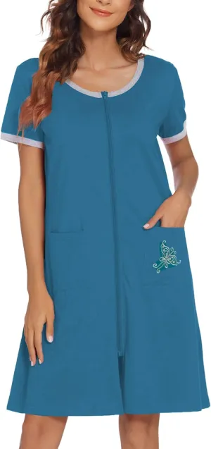 Ekouaer Women Zipper Front House Coat Short Sleeves Robe Zip Up Bathrobes Short Nightgown with Pockets S-3XL