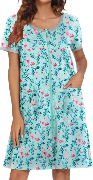 Ekouaer Women Zipper Front House Coat Short Sleeves Robe Zip Up Bathrobes Short Nightgown with Pockets S-3XL