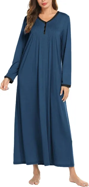 Ekouaer Women's Long Sleeve Nightgown Full Length Sleepwear Long Sleepshirts Henley Sleep Dress S-4XL