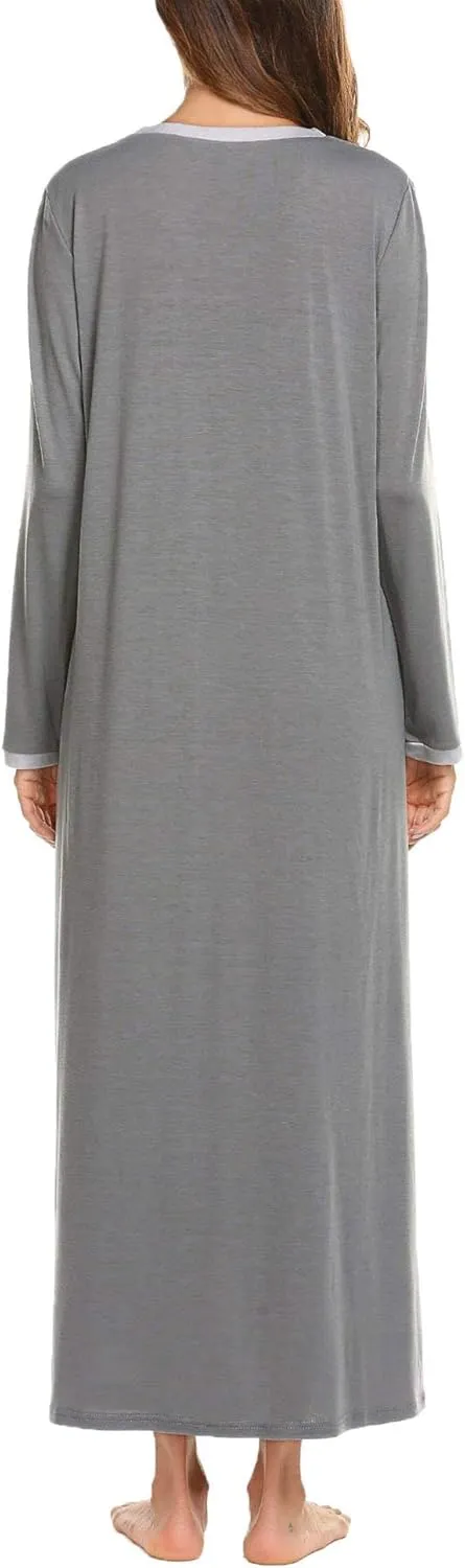 Ekouaer Women's Long Sleeve Nightgown Full Length Sleepwear Long Sleepshirts Henley Sleep Dress S-4XL