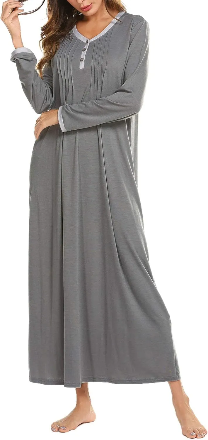 Ekouaer Women's Long Sleeve Nightgown Full Length Sleepwear Long Sleepshirts Henley Sleep Dress S-4XL