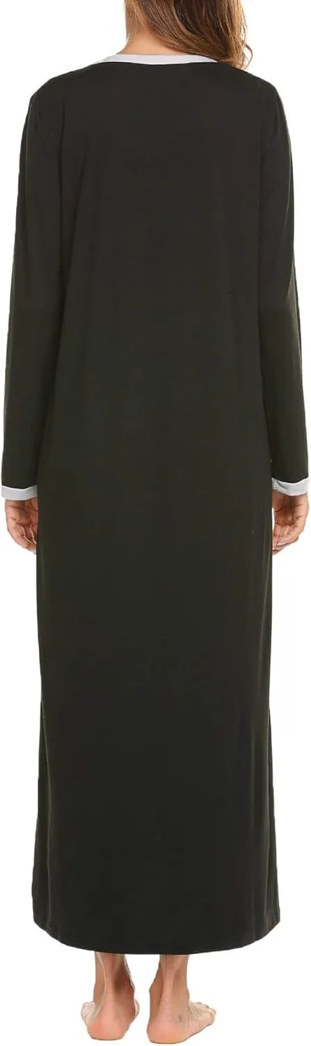 Ekouaer Women's Long Sleeve Nightgown Full Length Sleepwear Long Sleepshirts Henley Sleep Dress S-4XL