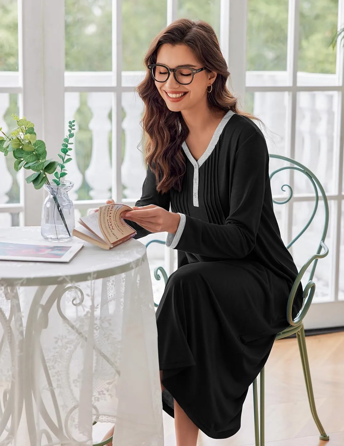 Ekouaer Women's Long Sleeve Nightgown Full Length Sleepwear Long Sleepshirts Henley Sleep Dress S-4XL