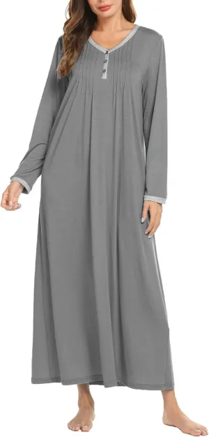 Ekouaer Women's Long Sleeve Nightgown Full Length Sleepwear Long Sleepshirts Henley Sleep Dress S-4XL