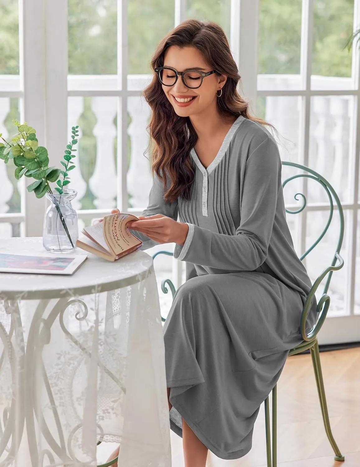 Ekouaer Women's Long Sleeve Nightgown Full Length Sleepwear Long Sleepshirts Henley Sleep Dress S-4XL