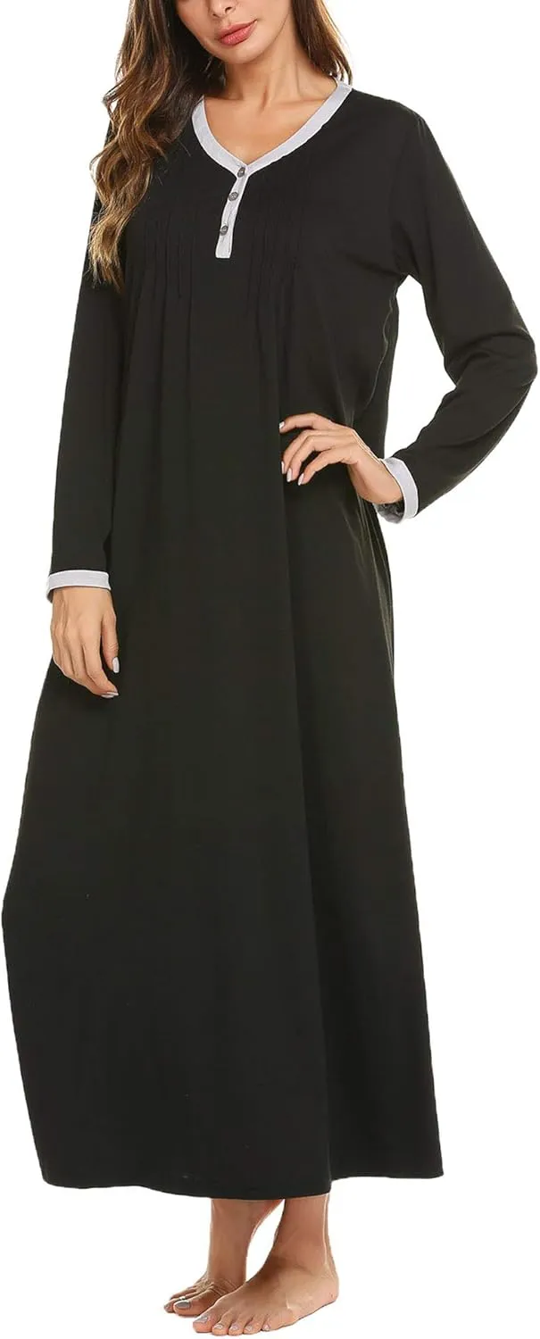 Ekouaer Women's Long Sleeve Nightgown Full Length Sleepwear Long Sleepshirts Henley Sleep Dress S-4XL