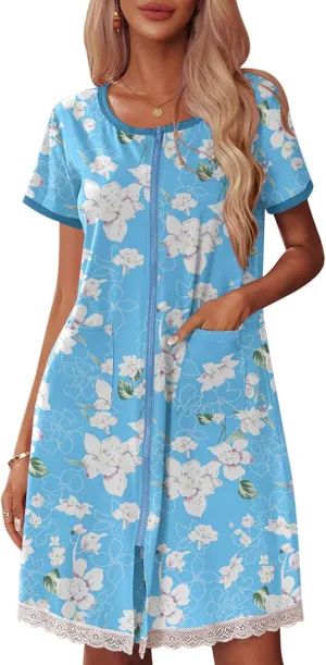 Ekouaer Womens Zipper Front Housecoats Short Sleeve Bathrobes Lace Trim Nightgown with Pockets