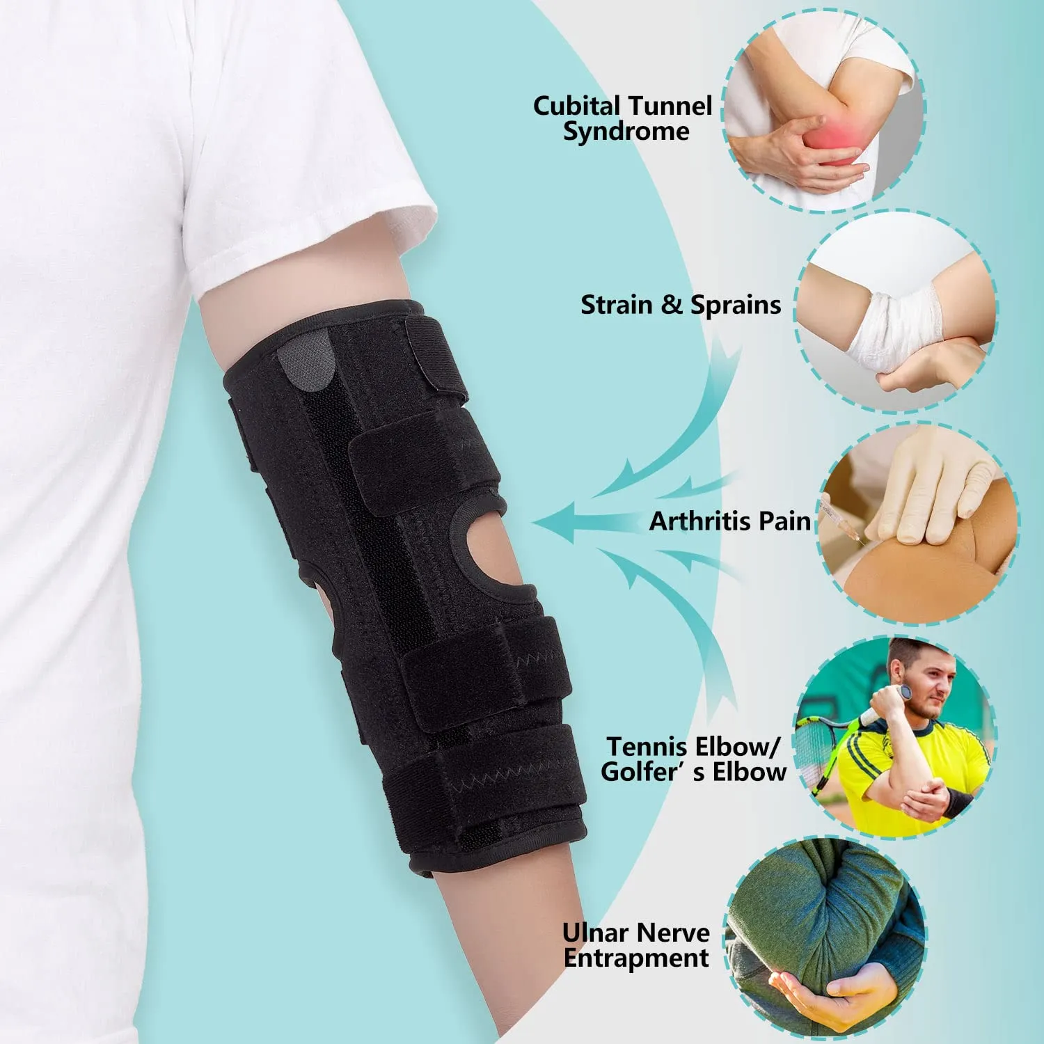 Elbow Brace for Ulnar Nerve Entrapment, Cubital Tunnel Brace for Sleeping, Adjustable Elbow Immobilizer for Tendonitis, Arthritis and Pain Relief, Elbow Stabilizer Brace for Men and Women(S/M)