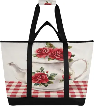 Elegant and Exquisite Teapot Pattern Reusable Insulated Lunchbox Cooler Bag, Leakproof Kitchen Grocery Bag Collapsible Portable Cooler Tote Bag for Picnic, Camping, Office, Travel