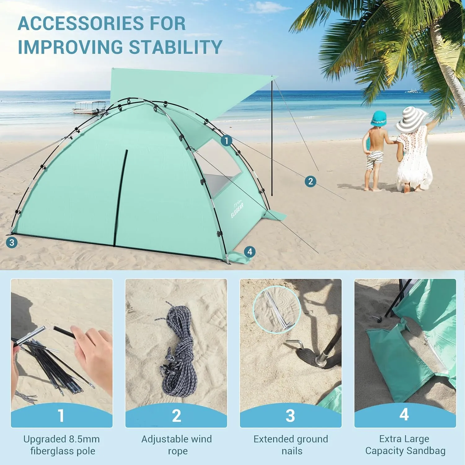 Elegear Beach Tent Sun Shelter with Canopy, 4-5 Person Pop Up Beach Tent, Easy Setup UPF 50  UV Protection Portable Lightweight Double Silver Coating Cabana Sun Shade Shelter - Green