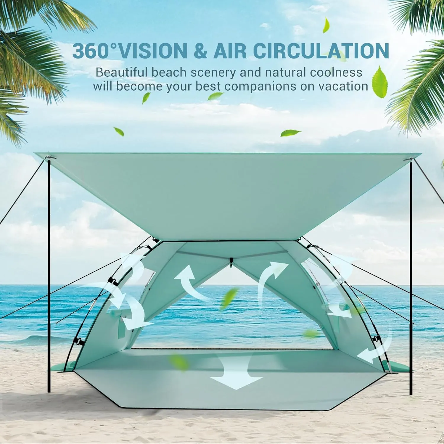 Elegear Beach Tent Sun Shelter with Canopy, 4-5 Person Pop Up Beach Tent, Easy Setup UPF 50  UV Protection Portable Lightweight Double Silver Coating Cabana Sun Shade Shelter - Green