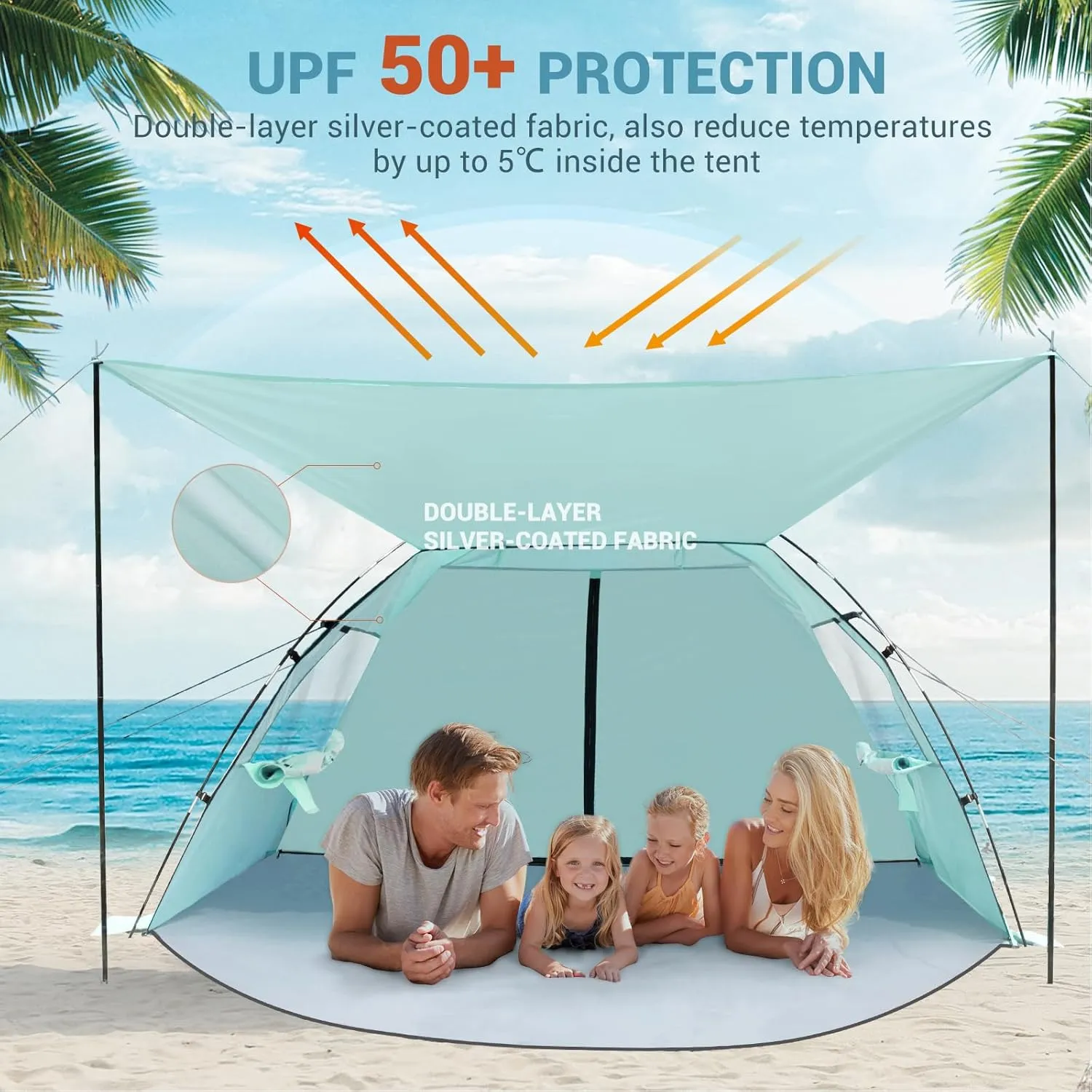 Elegear Beach Tent Sun Shelter with Canopy, 4-5 Person Pop Up Beach Tent, Easy Setup UPF 50  UV Protection Portable Lightweight Double Silver Coating Cabana Sun Shade Shelter - Green