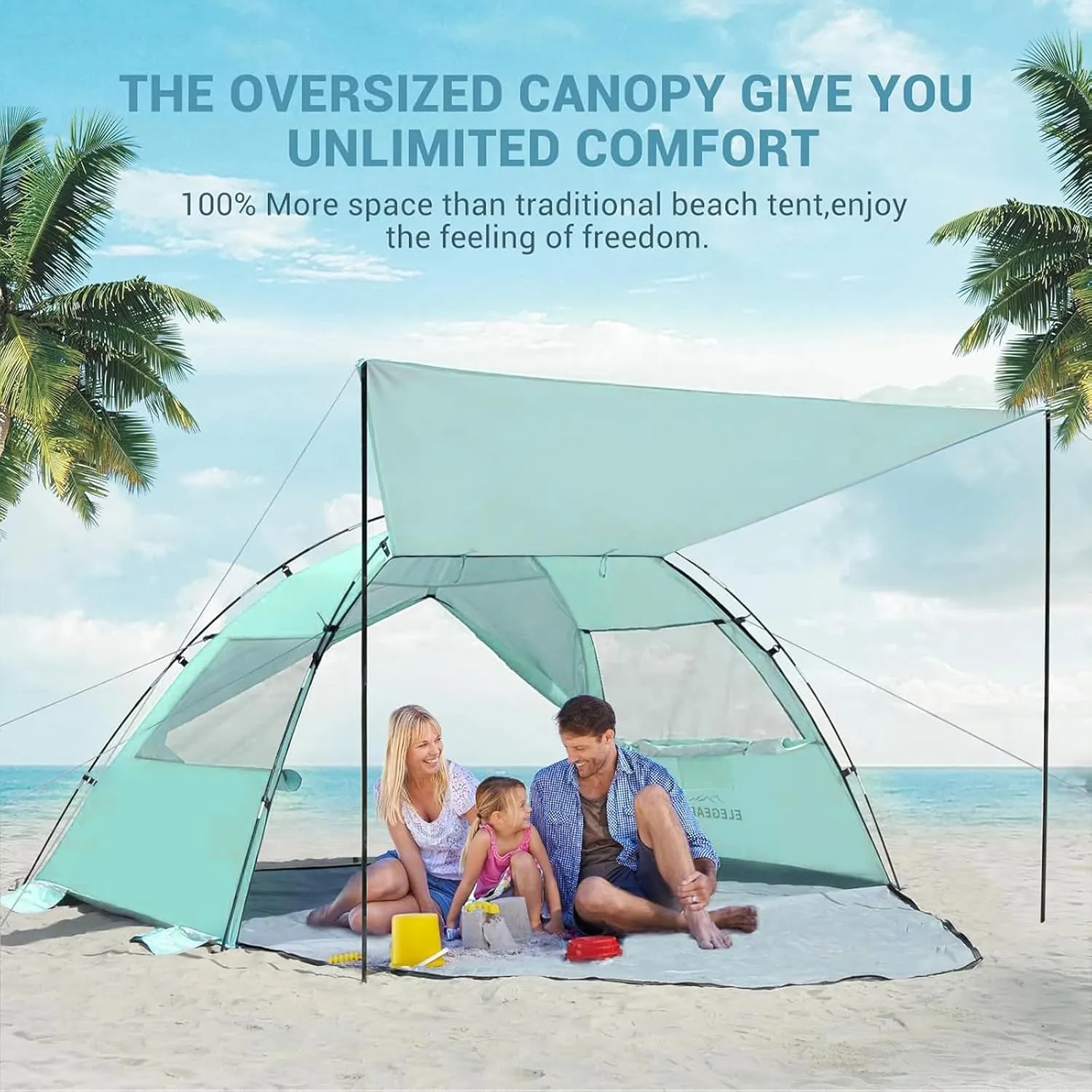 Elegear Beach Tent Sun Shelter with Canopy, 4-5 Person Pop Up Beach Tent, Easy Setup UPF 50  UV Protection Portable Lightweight Double Silver Coating Cabana Sun Shade Shelter - Green
