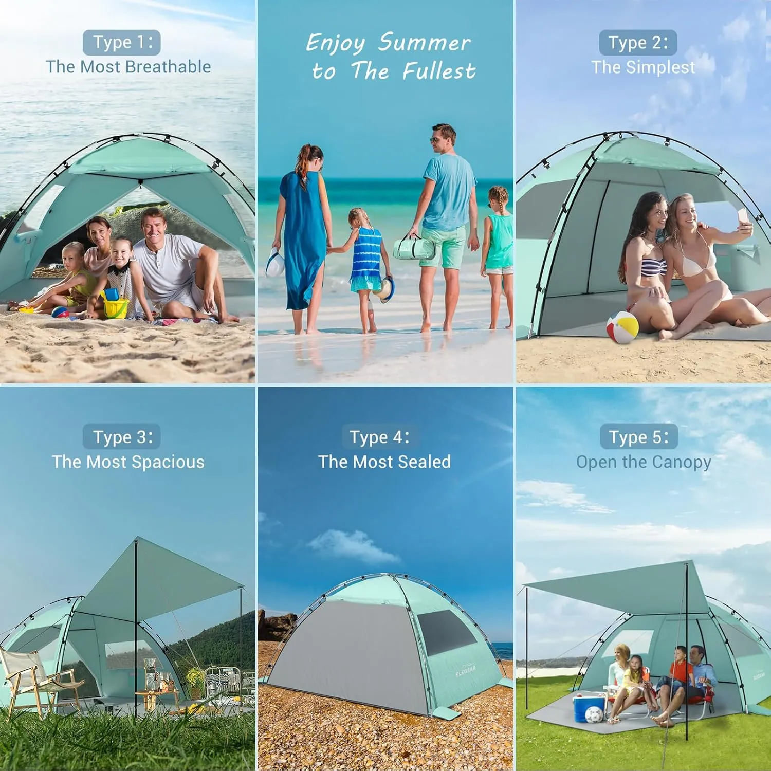 Elegear Beach Tent Sun Shelter with Canopy, 4-5 Person Pop Up Beach Tent, Easy Setup UPF 50  UV Protection Portable Lightweight Double Silver Coating Cabana Sun Shade Shelter - Green