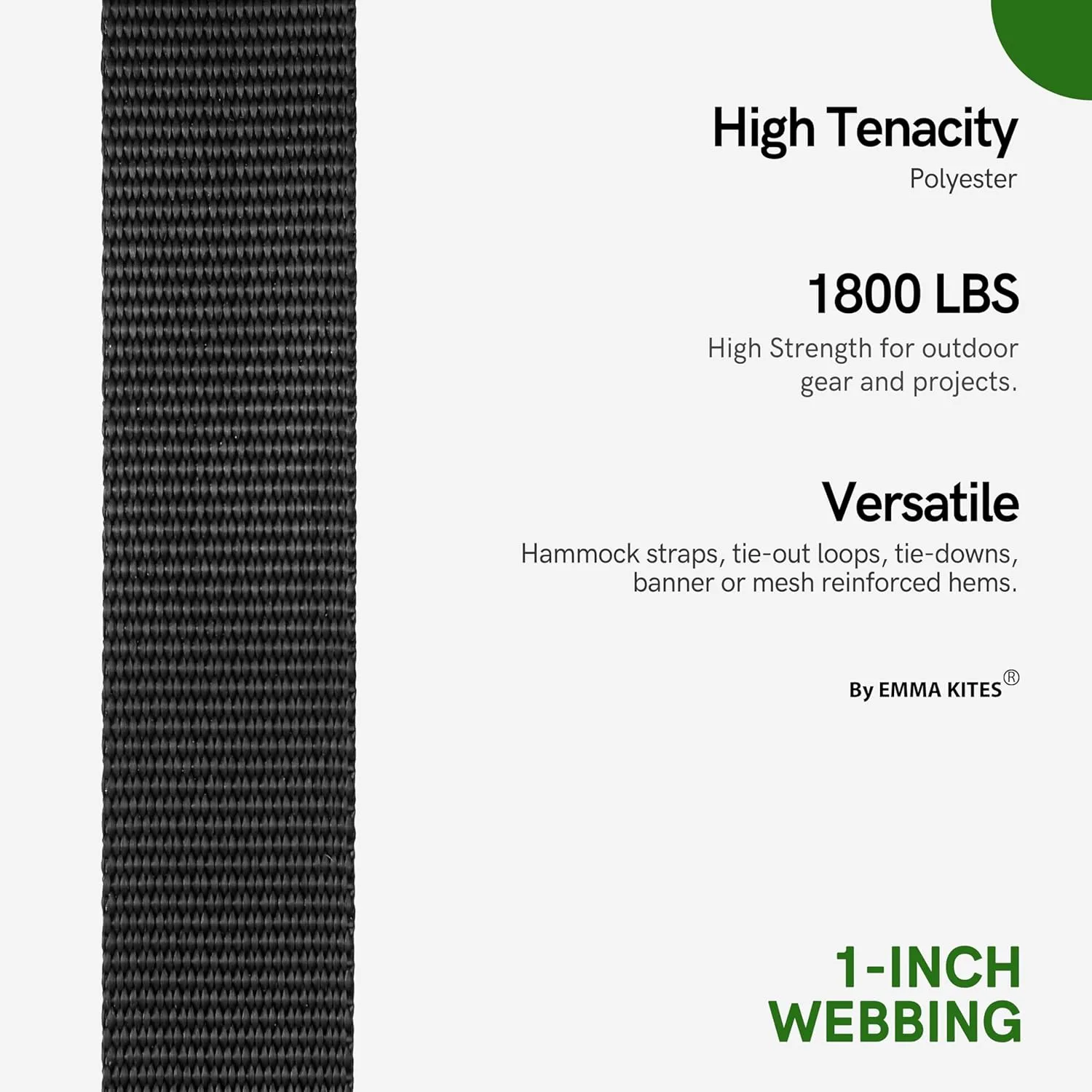 emma kites 1 Inch Polyester Webbing Black – 1800lbs Heavy Duty Tough for MYOG Tarp Shelter Tie-Out, Hammock Tree Strap, Fabric Mesh Banner Flag Reinforced Hem, Homemade Suspension Sling DIY