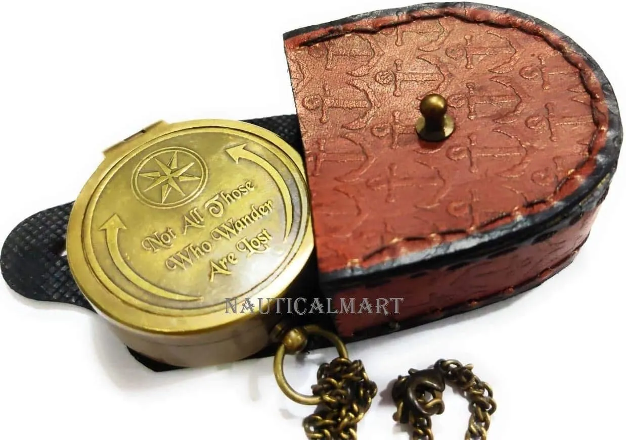 Engraved Brass Compass Gift Not All Those Who Wander are Lost Inspirational Travel Quote Compass with Leather Case for Loved Ones, Son, Father, Love, Partner, Spouse, Fiancé.