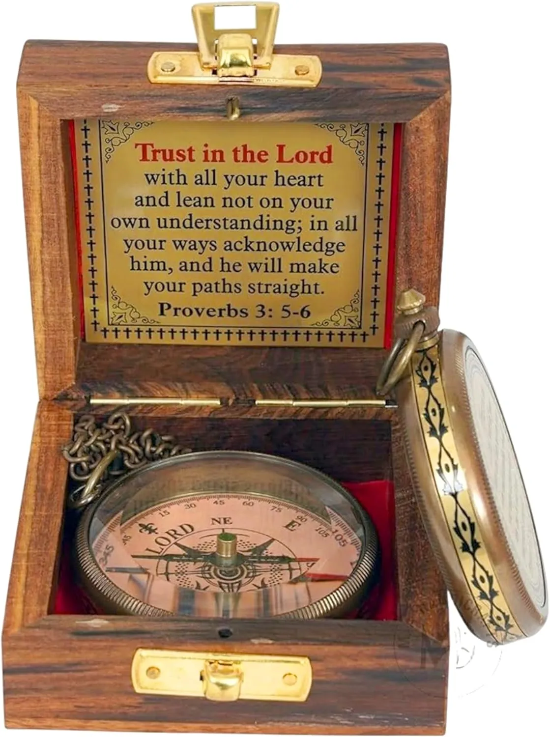 Engraved Brass Compass - 'Trust in The Lord with All Your Heart' - Proverbs 3:5-6 | Victorian Brass Stripe Design | Wooden Box Included | Best for Navigation & Gifts – Family, Friends & Travelers