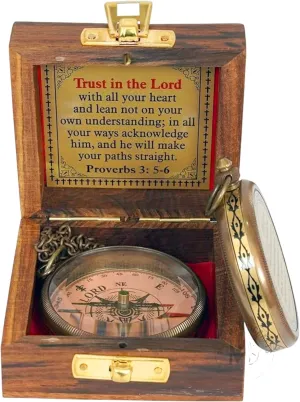 Engraved Brass Compass - 'Trust in The Lord with All Your Heart' - Proverbs 3:5-6 | Victorian Brass Stripe Design | Wooden Box Included | Best for Navigation & Gifts – Family, Friends & Travelers