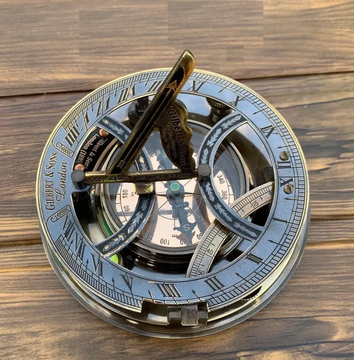 Engraved Sundial Brass Compass - 5 inches Large Sundial Compass in Leather Case Top Grade Calibrated Vintage Gift
