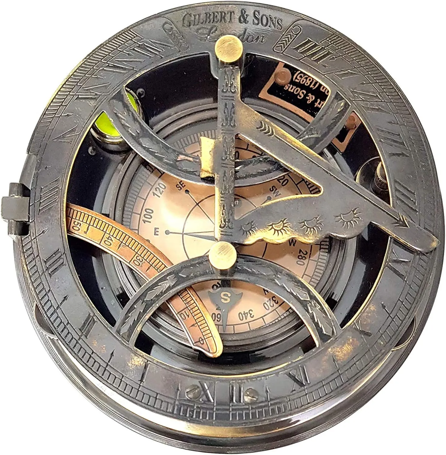 Engraved Sundial Brass Compass - 5 inches Large Sundial Compass in Leather Case Top Grade Calibrated Vintage Gift