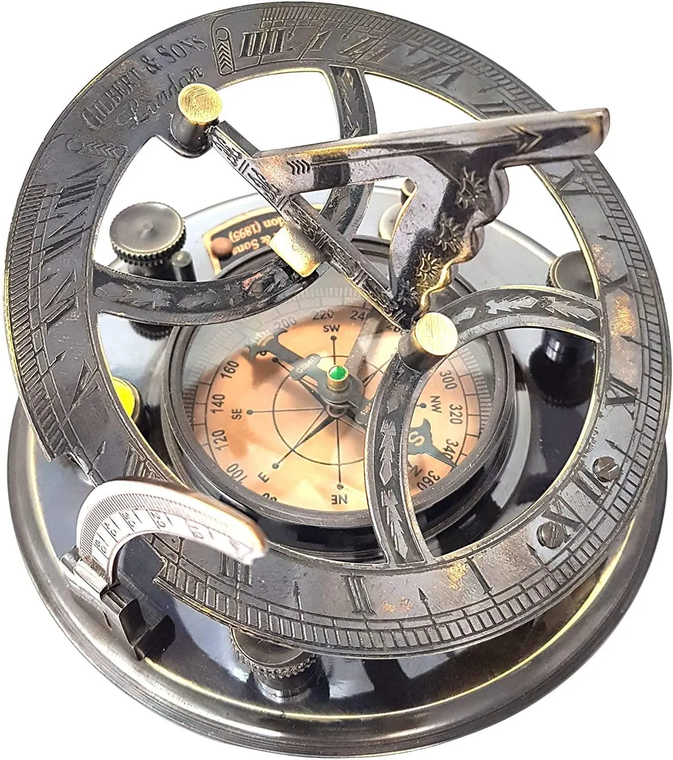 Engraved Sundial Brass Compass - 5 inches Large Sundial Compass in Leather Case Top Grade Calibrated Vintage Gift