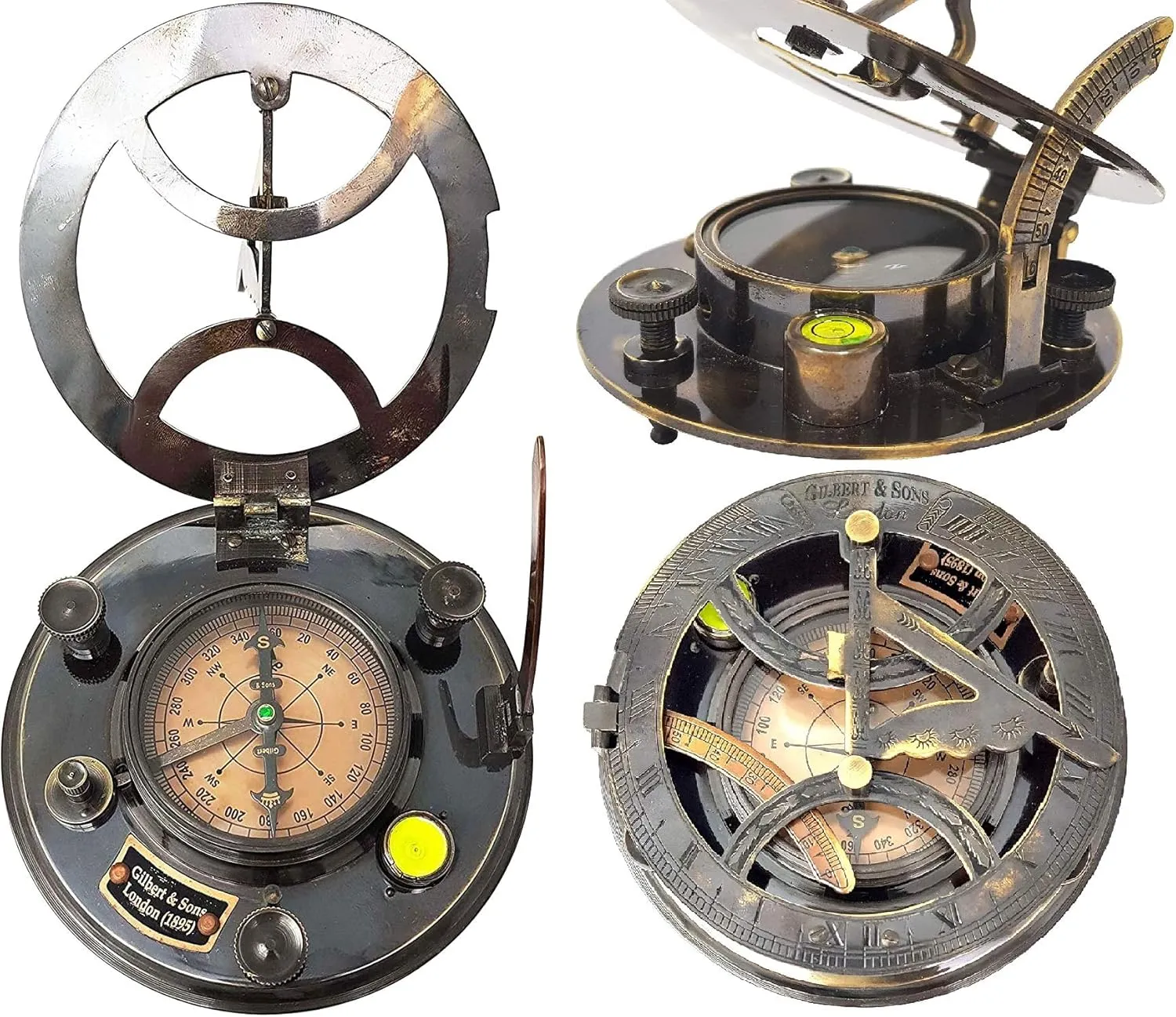 Engraved Sundial Brass Compass - 5 inches Large Sundial Compass in Leather Case Top Grade Calibrated Vintage Gift
