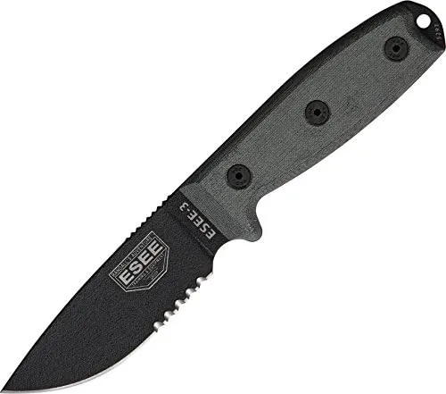 ESEE Knives 3SMMB Part Serrated Model 3 Rounded Pommel Knife with Black Linen Micarta Handles