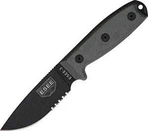 ESEE Knives 3SMMB Part Serrated Model 3 Rounded Pommel Knife with Black Linen Micarta Handles