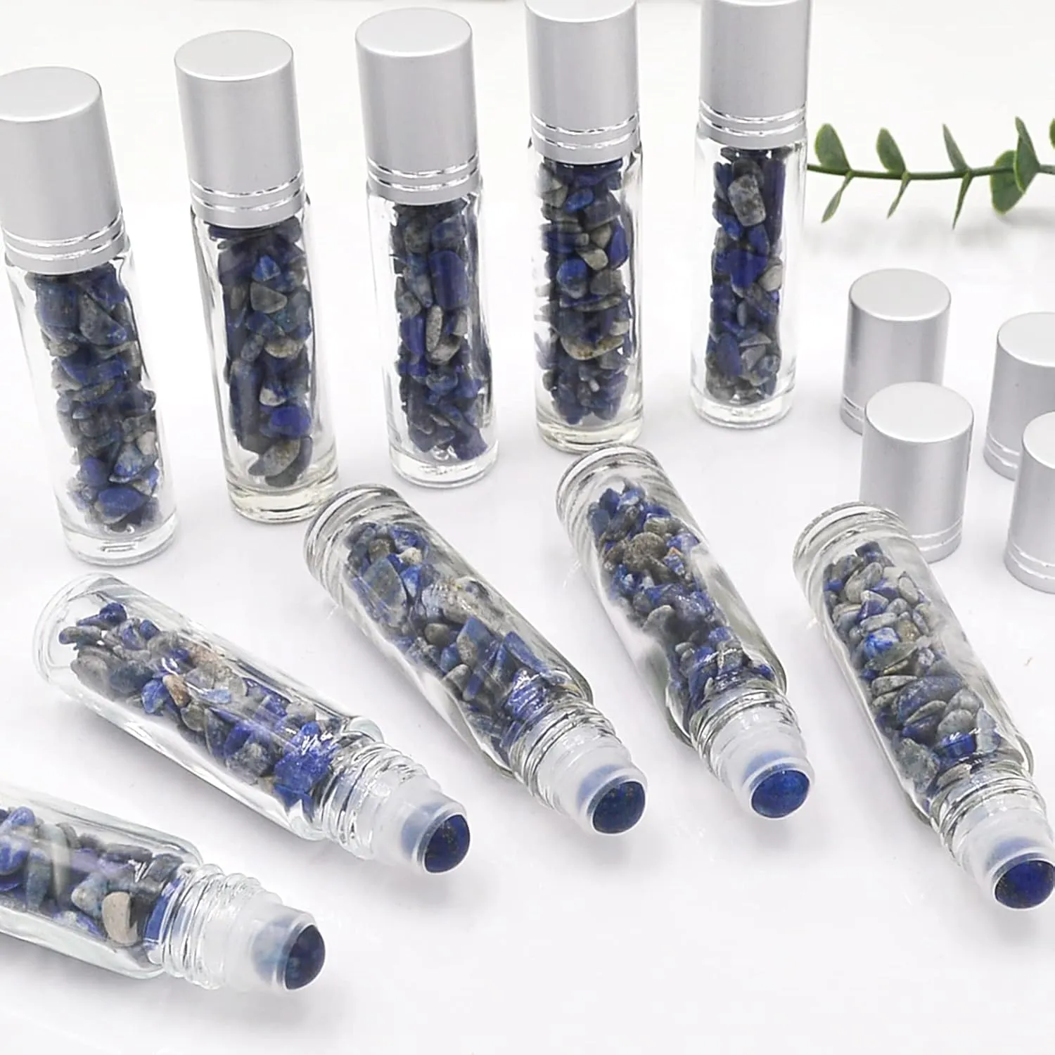 Essential Oil Roller Bottle 10ml w EVA Carrying Travel Case（Clear Glass Bottle with silver Cap、10pack、Gemstone Roller Balls、Healing Crystal Chips Inside、Opener)Gemstone Roller Ball Bottles