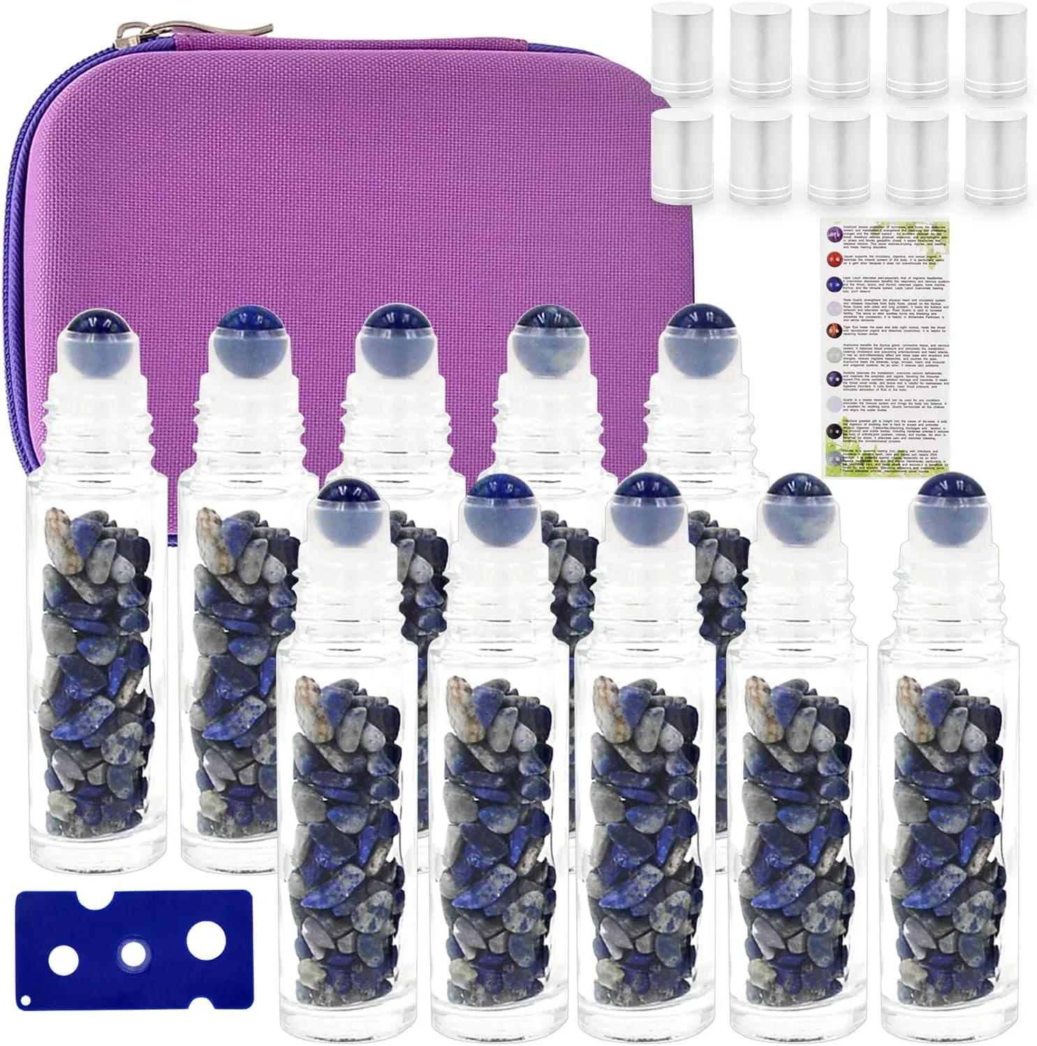 Essential Oil Roller Bottle 10ml w EVA Carrying Travel Case（Clear Glass Bottle with silver Cap、10pack、Gemstone Roller Balls、Healing Crystal Chips Inside、Opener)Gemstone Roller Ball Bottles
